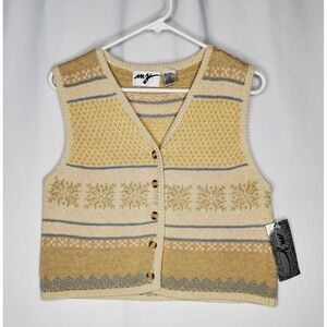 MY Vtg Sweater Vest Womens Medium Fair Isle Button V-Neck Ramie Cottagecore